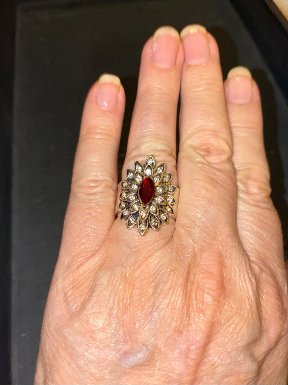Floral Stretch Ring with Marquise Red Center Stone